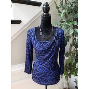 Michael Kors Top Women’s S Blue Black Zebra Print Cowl Neck Stretchy Blouse